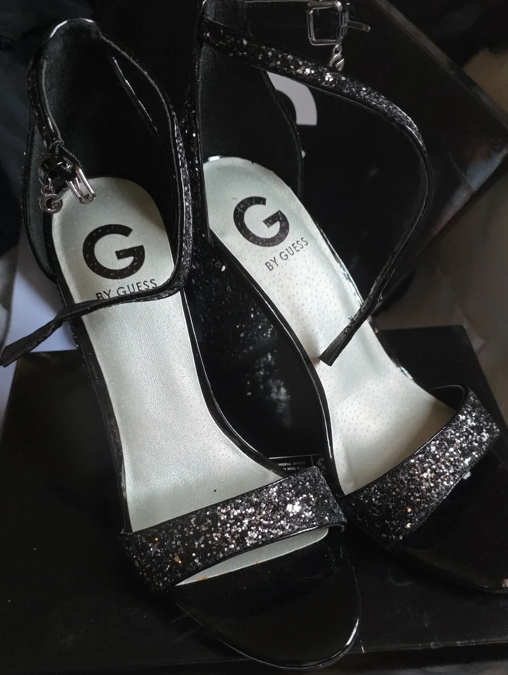 G by Guess Black Glitter Ankle-Strap Heels